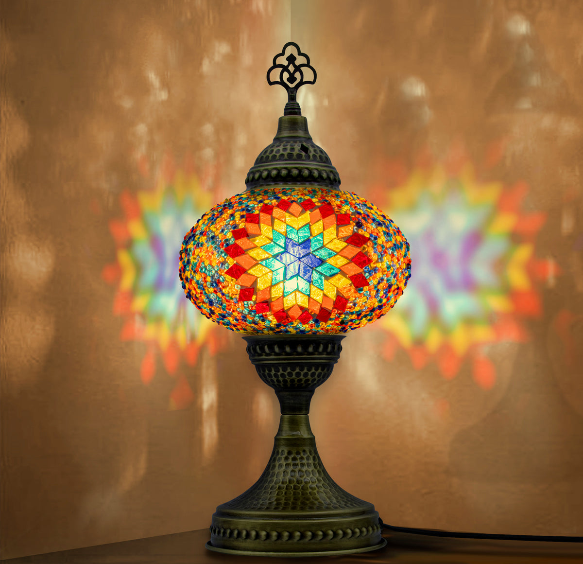 Handmade Turkish mosaic table lamp rainbow colored glass