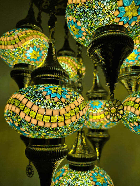 Turkish Mosaic Chandelier – Handmade Green Glass Boho Ceiling Lamp