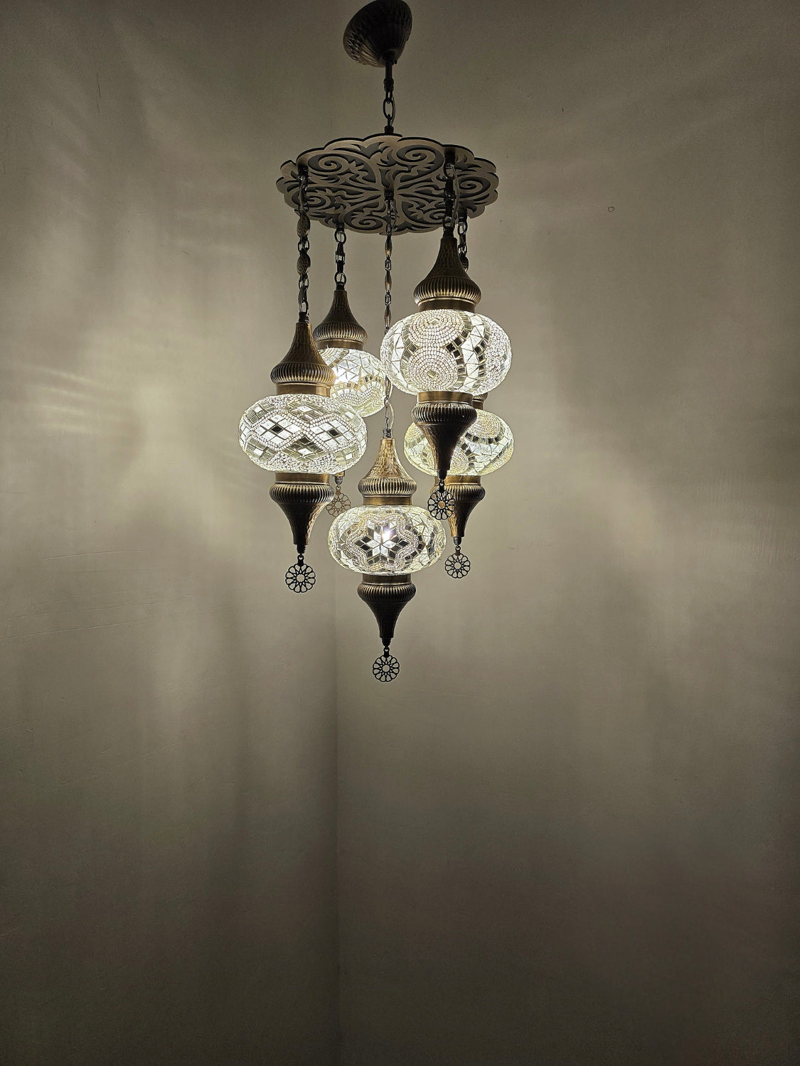 Turkish Mosaic Chandelier – Handmade White Glass Boho Ceiling Lamp