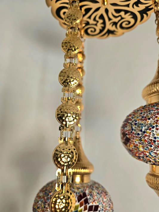 Turkish Mosaic Chandelier – 3 Globe Handmade Rainbow Glass Boho Ceiling Lamp