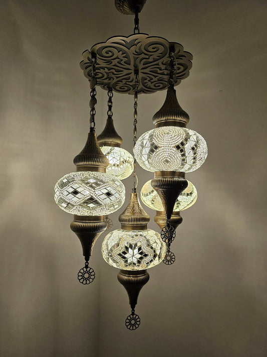 Turkish Mosaic Chandelier – Handmade White Glass Boho Ceiling Lamp
