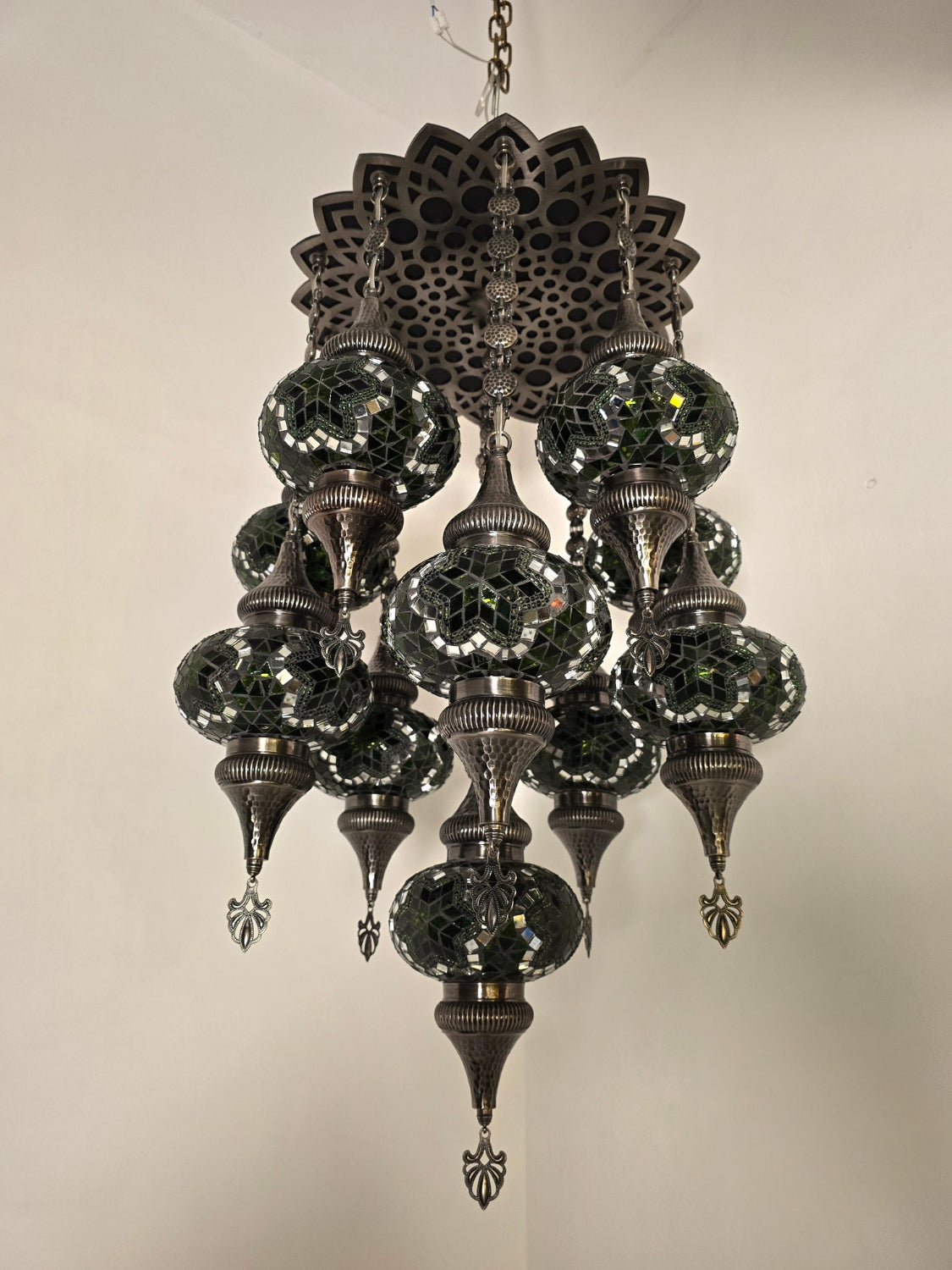 Turkish Mosaic Chandelier – Handmade Green Glass Boho Ceiling Lamp