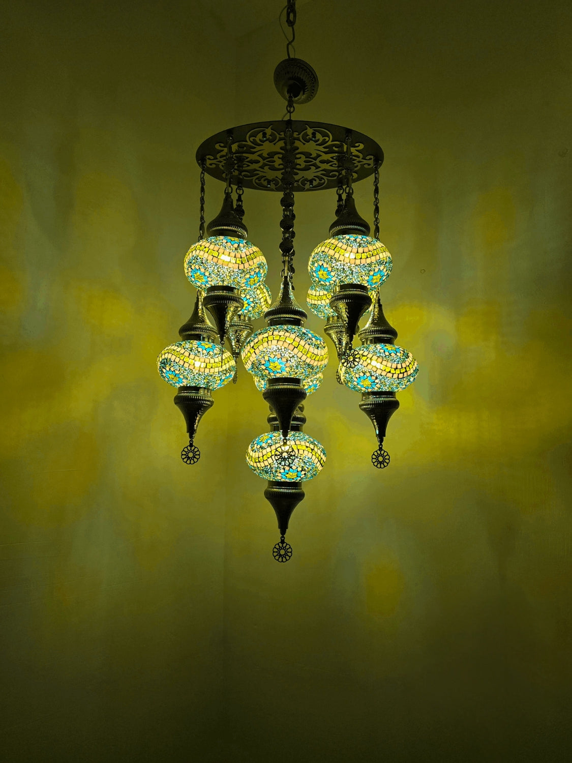 Turkish Mosaic Chandelier – Handmade Green Glass Boho Ceiling Lamp
