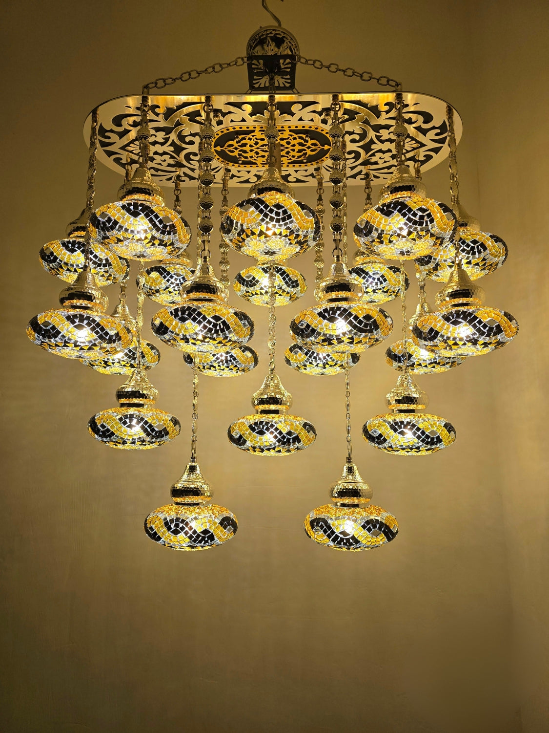 Turkish Mosaic Chandelier – Handmade Yellow Glass Boho Ceiling Lamp