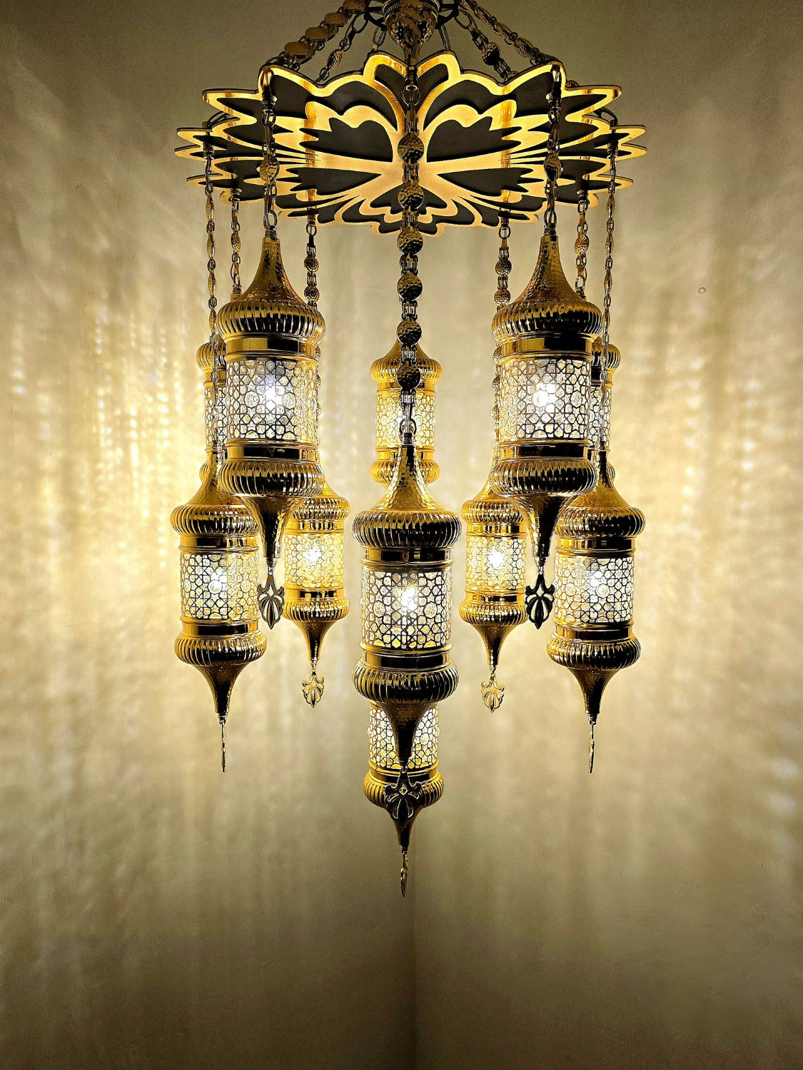 Ottoman Style Chandelier – Handmade Turkish Gold Metal Ceiling Lamp (11 Lanterns)