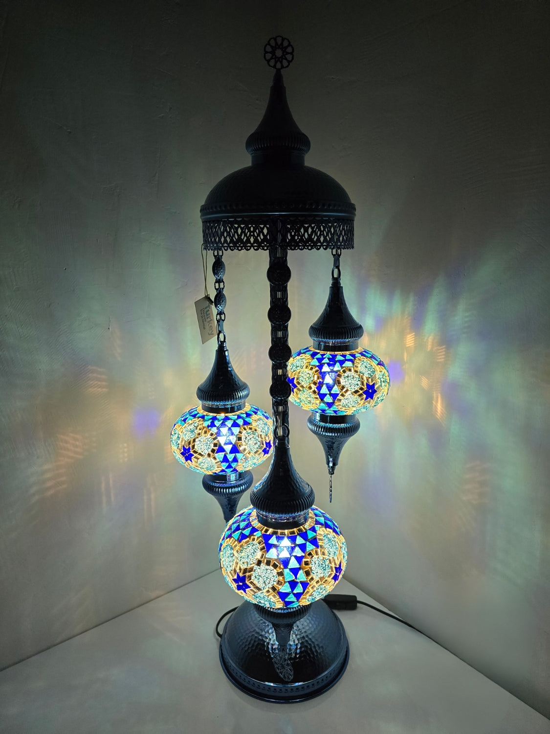 Turkish Mosaic Floor Lamp – Handmade Blue Glass Boho Standing Light