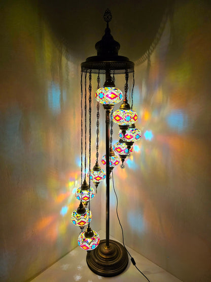 Turkish Mosaic Floor Lamp – Handmade 9 Lantern Boho Standing Light