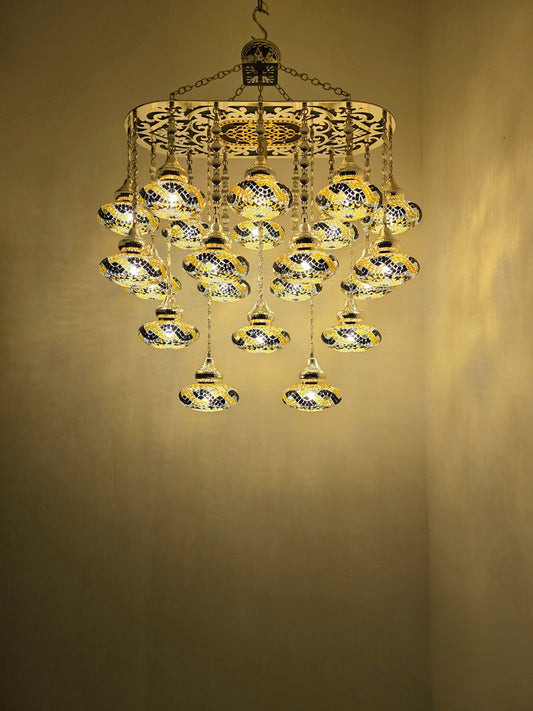 Turkish Mosaic Chandelier – Handmade Yellow Glass Boho Ceiling Lamp