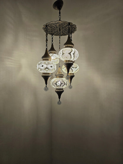 Turkish Mosaic Chandelier – Handmade White Glass Boho Ceiling Lamp