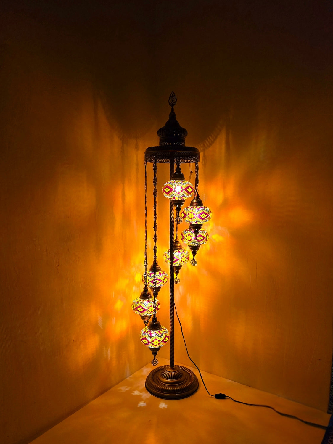 Turkish Mosaic Floor Lamp – Handmade 7 Lantern Brown Glass Boho Standing Light