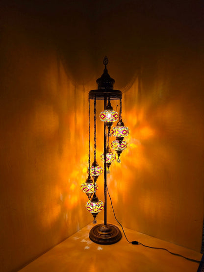 Turkish Mosaic Floor Lamp – Handmade 7 Lantern Brown Glass Boho Standing Light