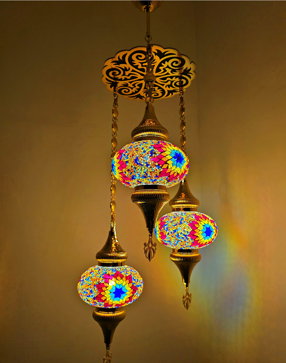 Turkish Mosaic Chandelier – 3 Globe Handmade Rainbow Glass Boho Ceiling Lamp