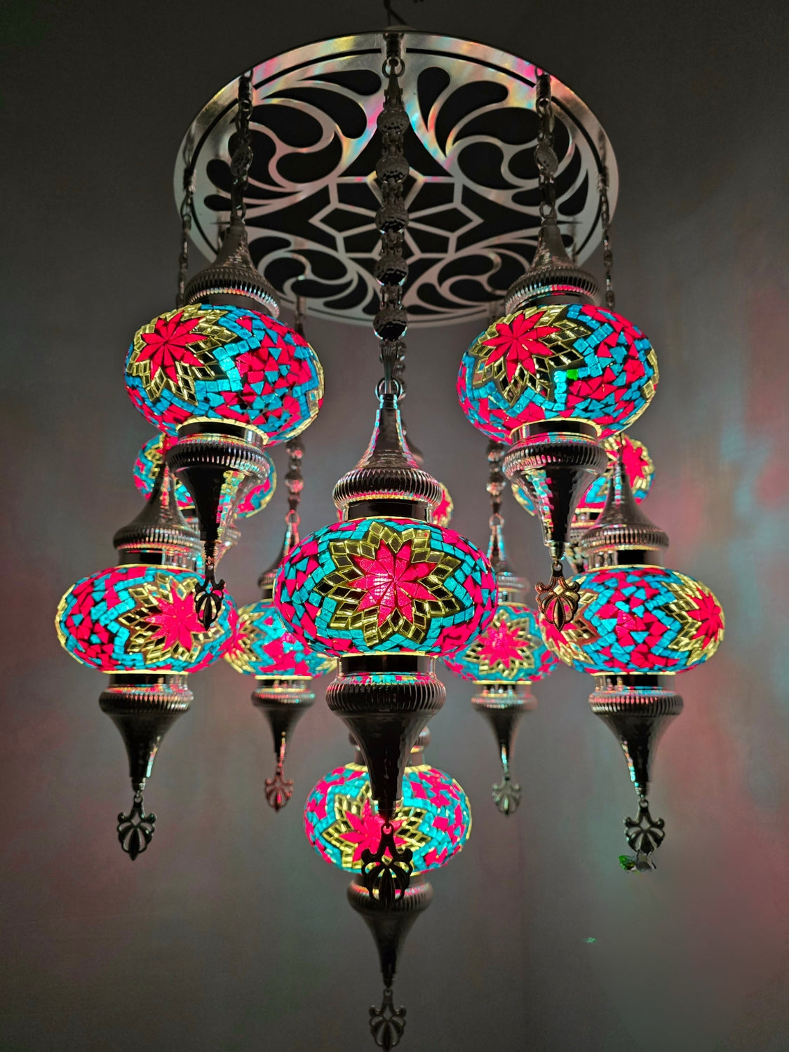 Turkish Mosaic Chandelier – Handmade Multicolor Boho Ceiling Lamp