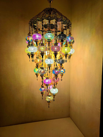 Turkish Mosaic Chandelier – Handmade Multicolor Glass Boho Ceiling Lamp