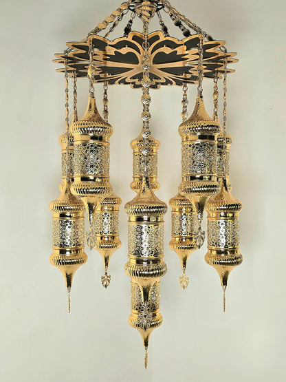 Ottoman Style Chandelier – Handmade Turkish Gold Metal Ceiling Lamp (11 Lanterns)