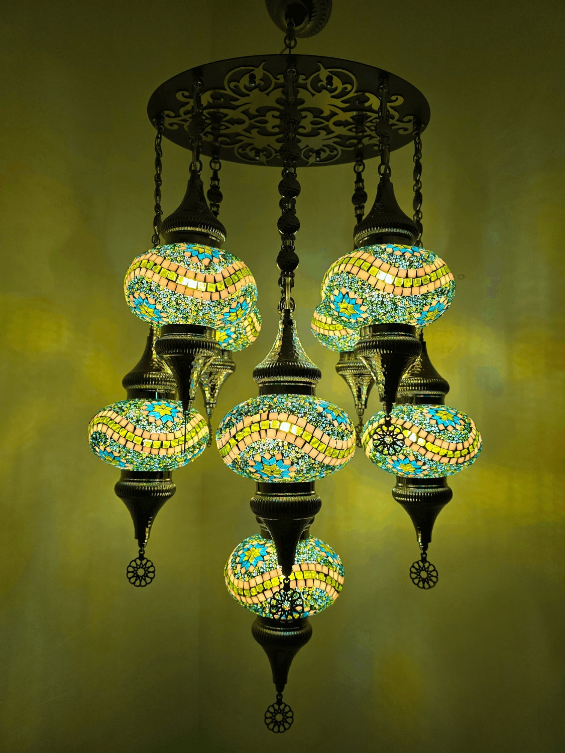 Turkish Mosaic Chandelier – Handmade Green Glass Boho Ceiling Lamp
