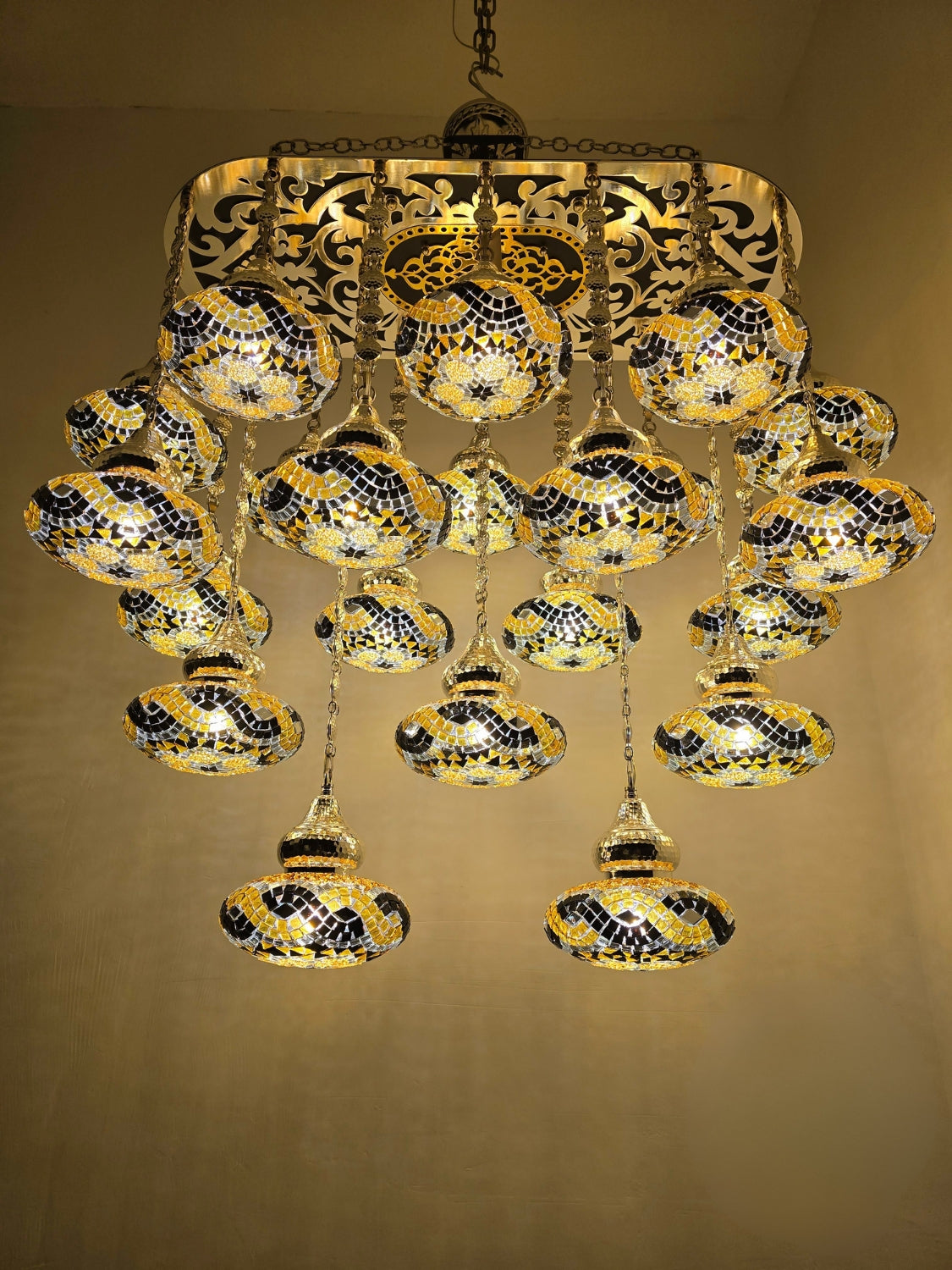 Turkish Mosaic Chandelier – Handmade Yellow Glass Boho Ceiling Lamp