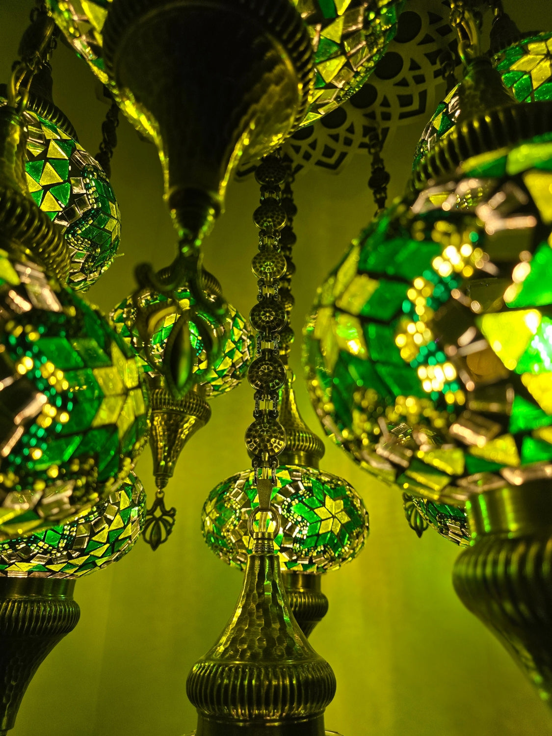 Turkish Mosaic Chandelier – Handmade Green Glass Boho Ceiling Lamp