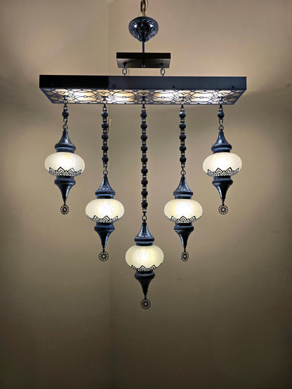 Turkish Mosaic Ceiling Light – 5 Globe Premium Handmade Boho Hanging Lamp