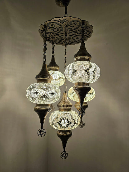Turkish Mosaic Chandelier – Handmade White Glass Boho Ceiling Lamp