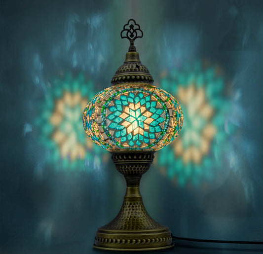 Handmade Turkish mosaic table lamp turquoise glass