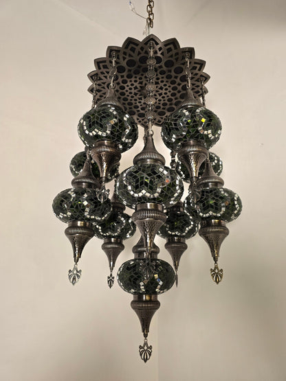 Turkish Mosaic Chandelier – Handmade Green Glass Boho Ceiling Lamp