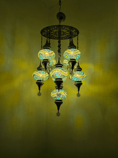 Turkish Mosaic Chandelier – Handmade Green Glass Boho Ceiling Lamp
