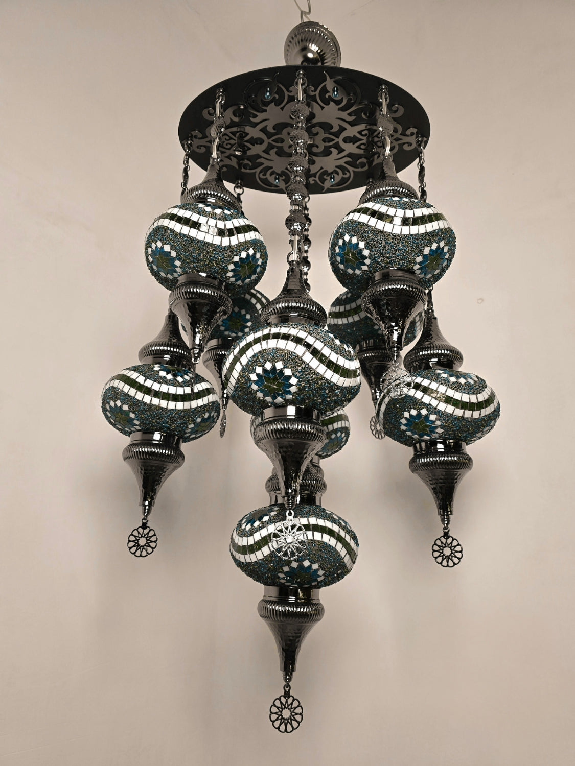 Turkish Mosaic Chandelier – Handmade Green Glass Boho Ceiling Lamp