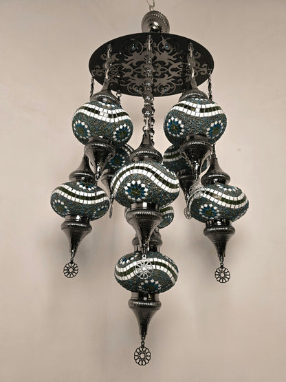 Turkish Mosaic Chandelier – Handmade Green Glass Boho Ceiling Lamp