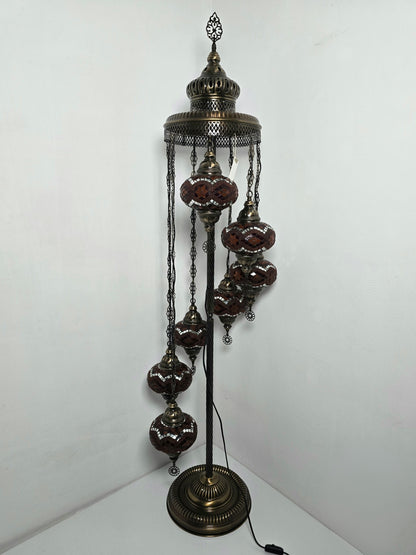 Turkish Mosaic Floor Lamp – Handmade 7 Lantern Brown Glass Boho Standing Light