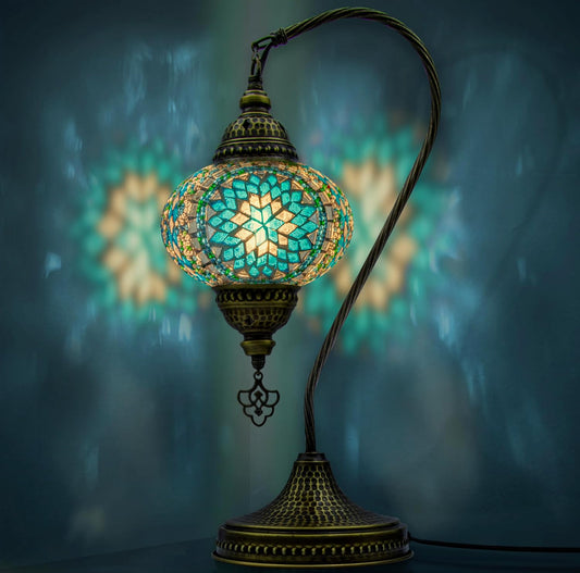 Turkish mosaic swan-neck lamp turquoise glass