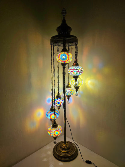 Turkish Mosaic Floor Lamp – Handmade 7 Lantern Brown Glass Boho Standing Light