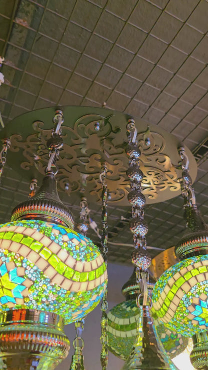 Turkish Mosaic Chandelier – Handmade Green Glass Boho Ceiling Lamp