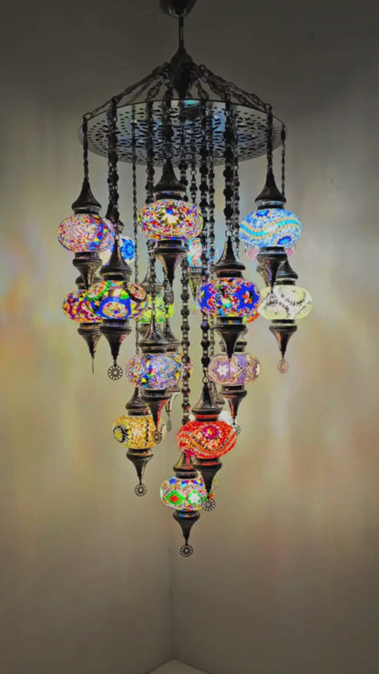 Turkish Mosaic Chandelier – Handmade Colorful Boho Ceiling Lamp