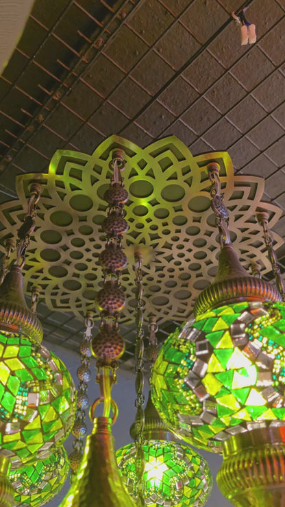 Turkish Mosaic Chandelier – Handmade Green Glass Boho Ceiling Lamp